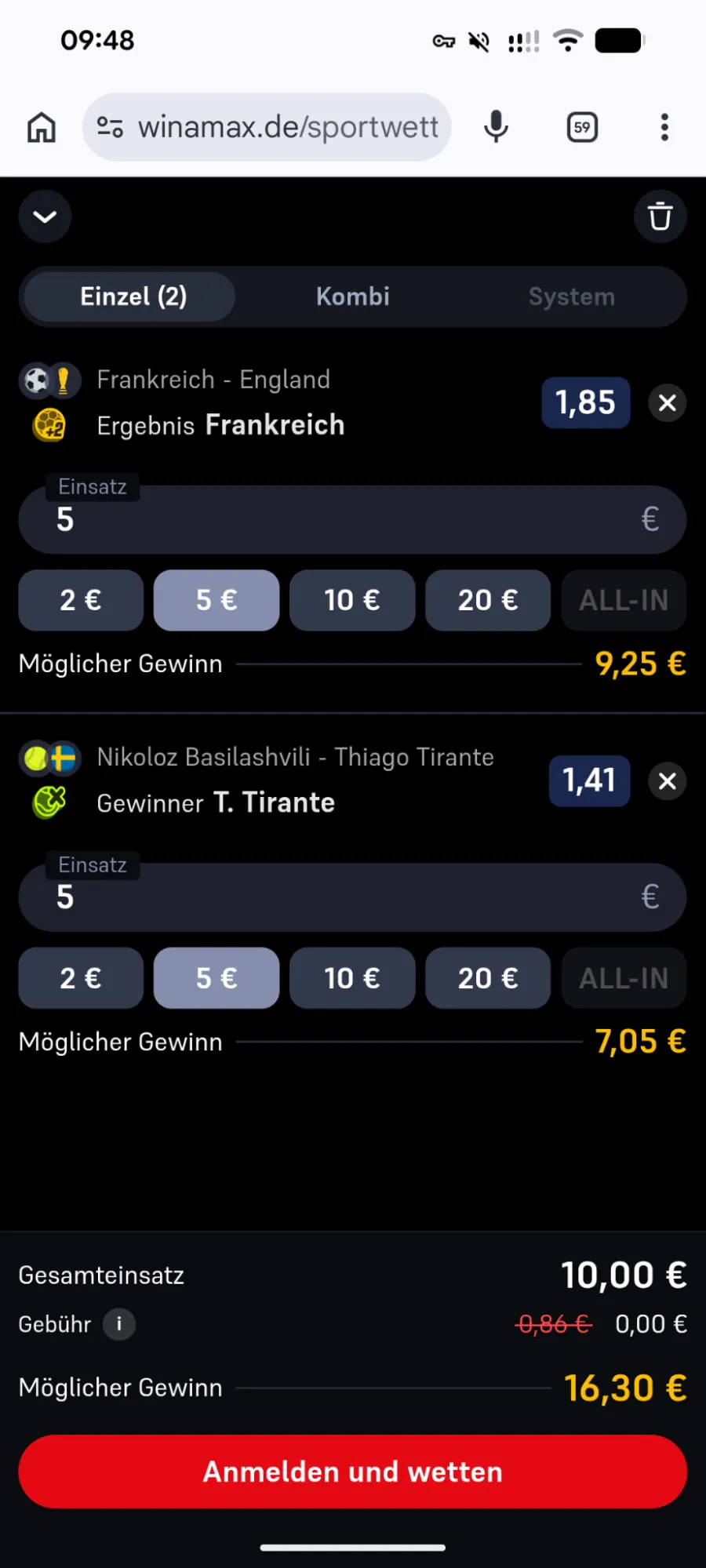 Screenshot des Wettscheins mit 2 platzierten Wetten bei Winamax.
