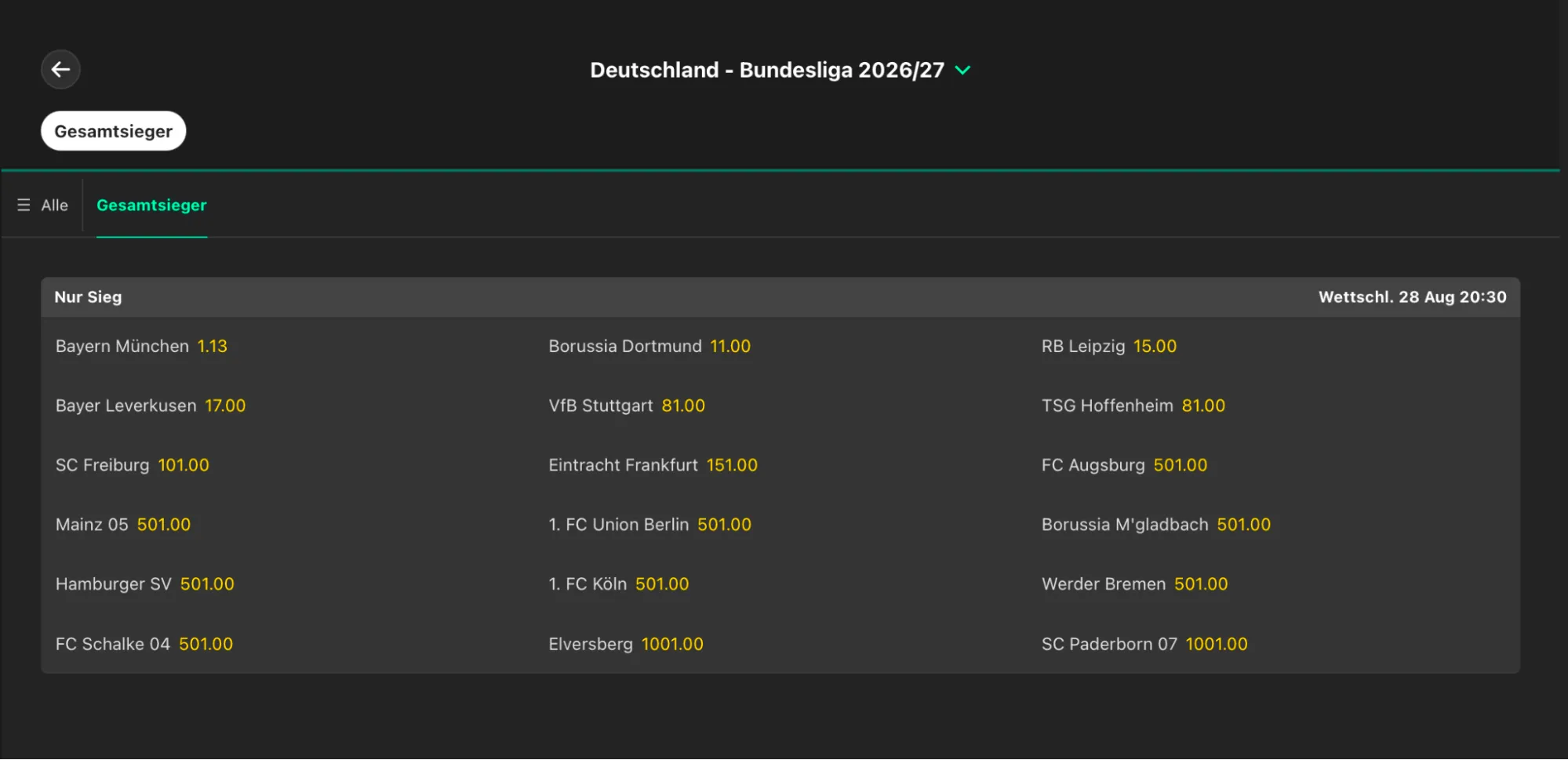 Das ist ein Screenshot der Wettmärkte der Bundesliga 2026 und 2027 auf bet365.