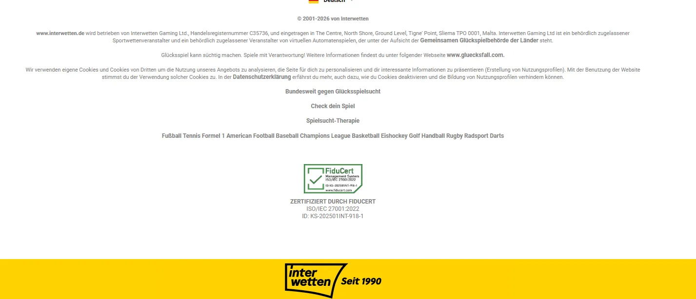 Auf der Interwetten Webseite wird konkret auf die gültige Lizenz hingewiesen.
