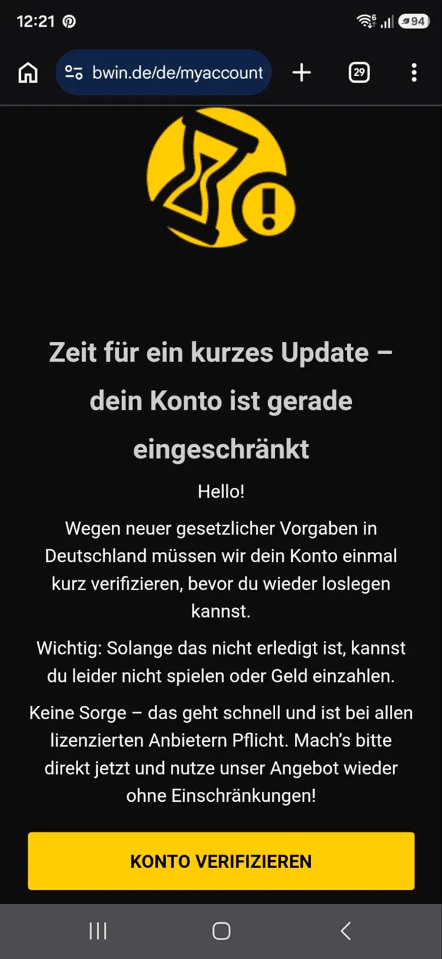 bwin Hinweis-Maske zur Kontoeinschränkung vor der notwendigen gesetzlichen Verifizierung.