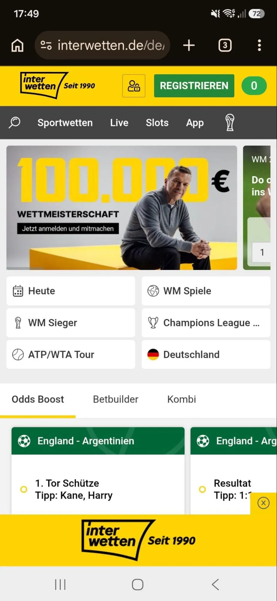 Startbildschirm der Interwetten App.