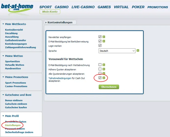 Der bet-at-home Cash Out muss über Einstellungen im Spielermenü aktiviert werden.