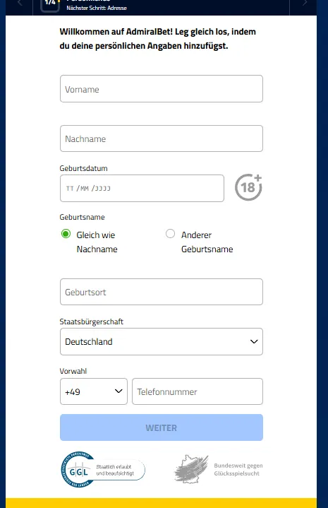 Erster Abschnitt der AdmiralBet Registrierung.
