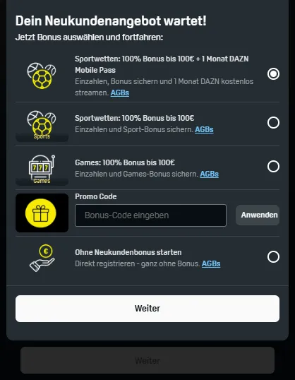 Der DAZN Willkommensbonus kann direkt bei der Registrierung ausgewählt werden.