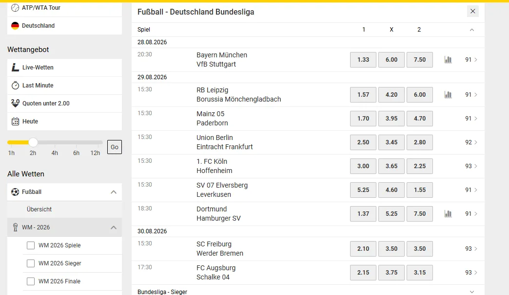 Aktuelles Fußballwettangebot von Interwetten für den ersten Bundesliga-Spieltag 26/27.