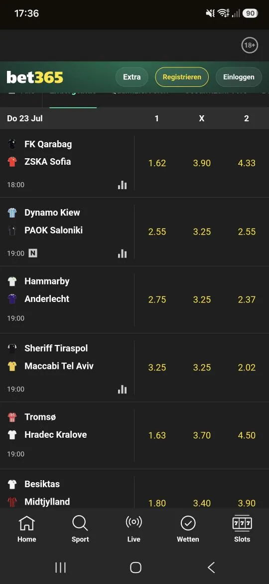 Europa League Spiele bei bet365 in der mobilen Ansicht.