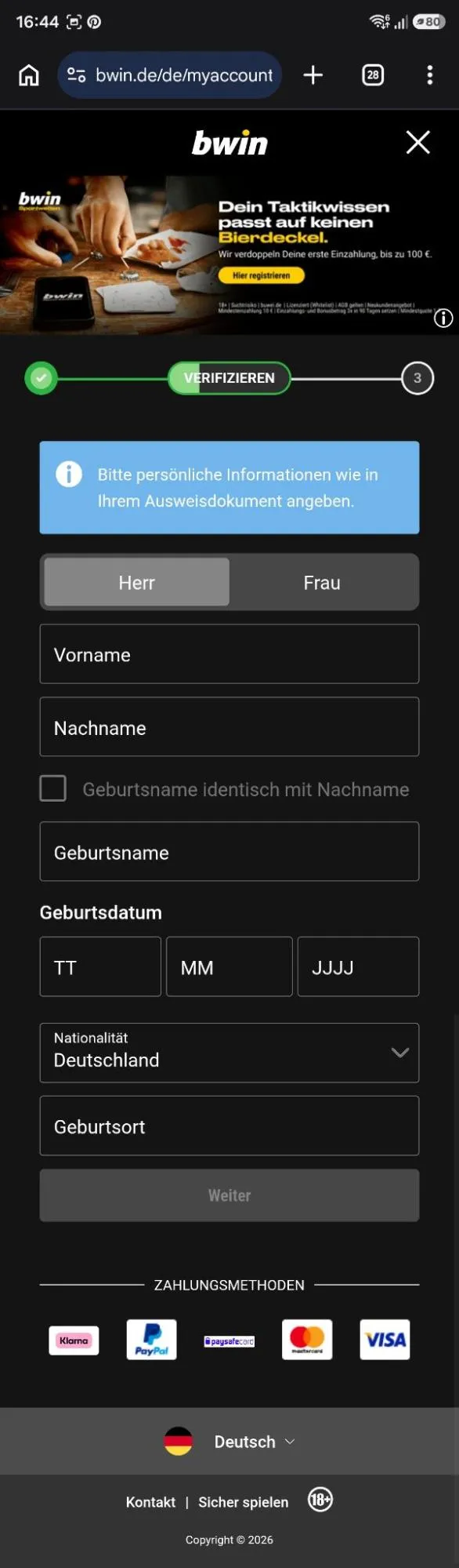 bwin App Registrierungsformular mit Feldern für persönliche Daten.