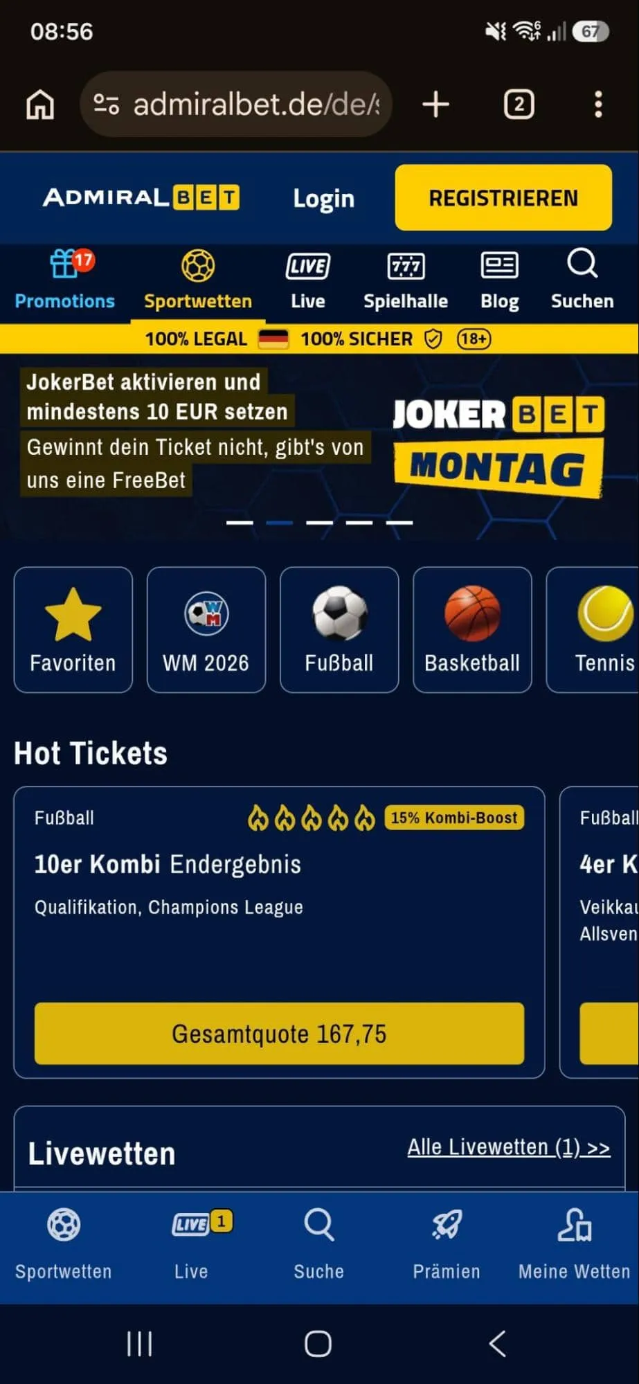 Startseite der mobilen Webseite von AdmiralBet.