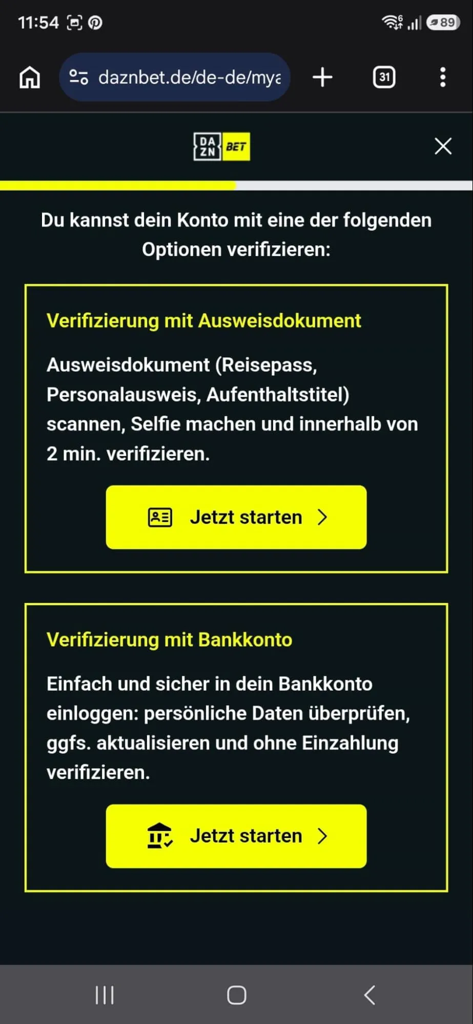 DAZN Bet Mobilansicht mögliche Methoden der Verifizierung.
