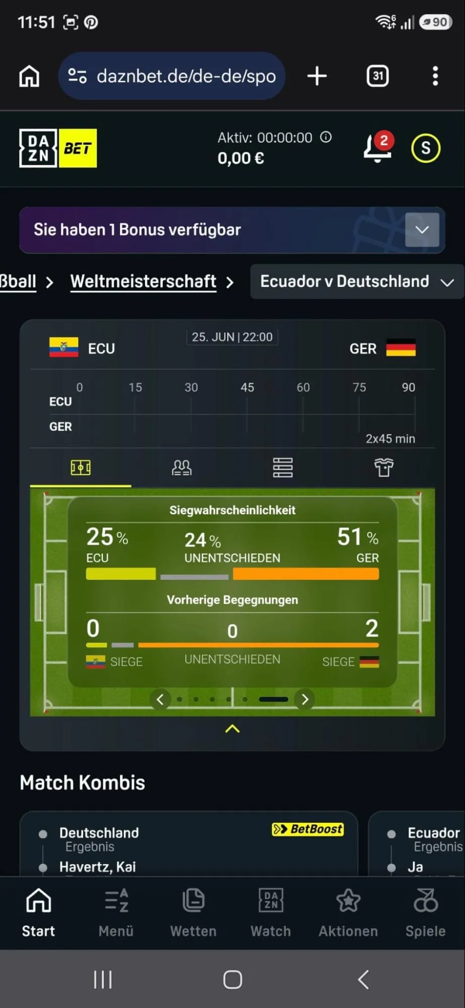 DAZN Bet Mobil Ansicht der Streaming Integration beim Fußball.