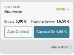 Der Cash Out bei einer Pre-Match-Wette vor Spielgewinn ist immer niedriger als der Einsatz.