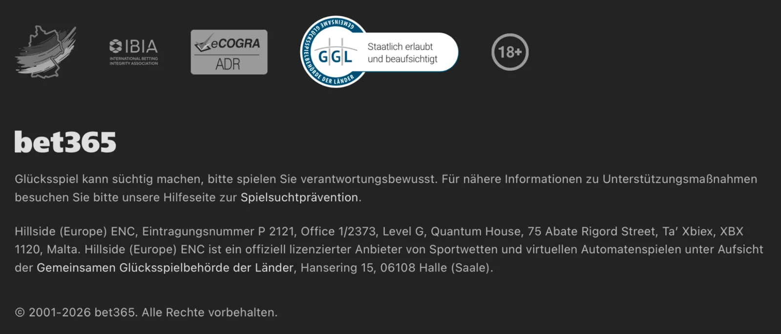 Das ist ein Screenshot der GGL-Lizenz auf bet365.