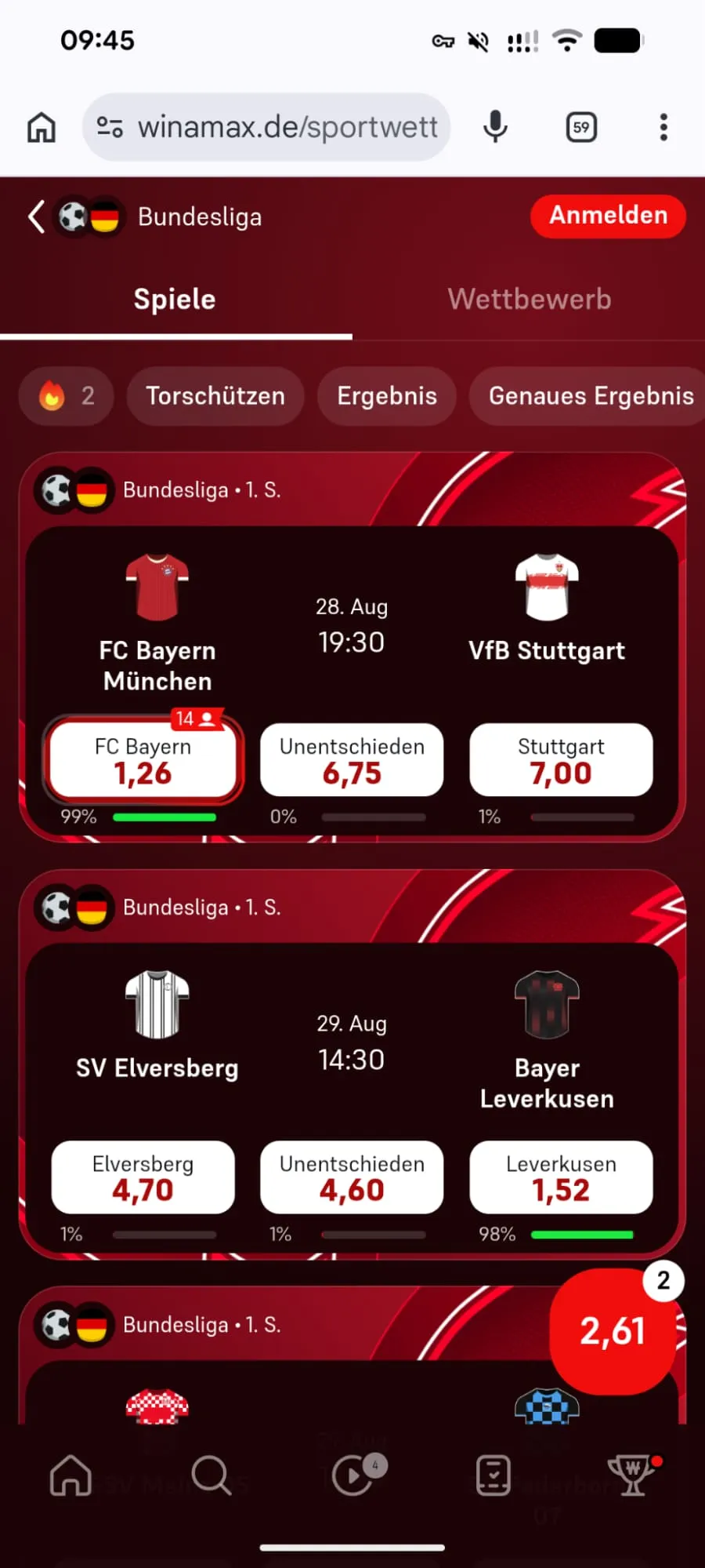 Screenshot der Bundesliga Wetten Seite bei Winamax.