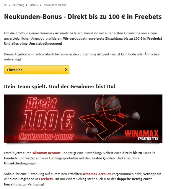 Winamax Bonusbeschreibung auf der Webseite des Buchmachers.