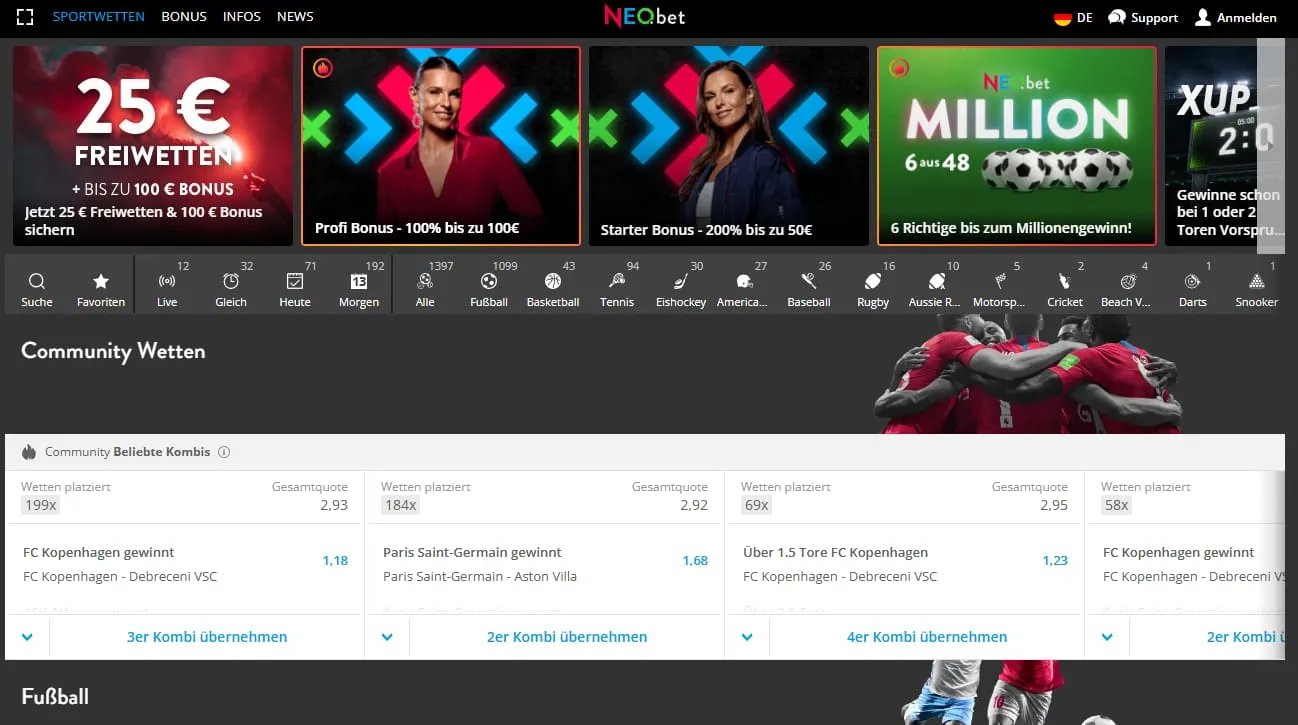 NEO.bet präsentiert sein Wettangebot auf einer professionellen Webseite.