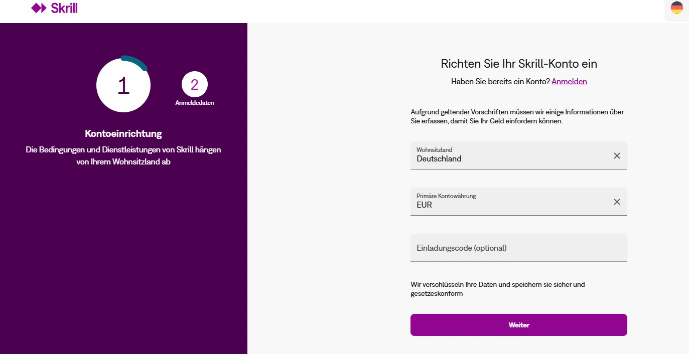 Die Skrill Registrierung beginnt mit der Eingabe des Wohnsitzlandes und der Währung.
