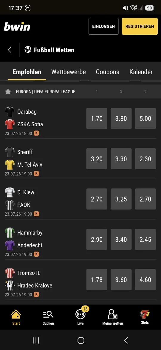 bwin hat Europa League Wetten für alle Spiele auf dem Bildschirm.