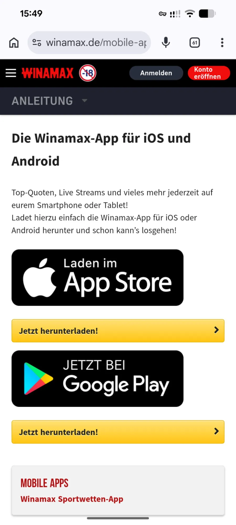 Screenshot der verfügbaren Download-Links der App auf der App-Seite von Winamax.