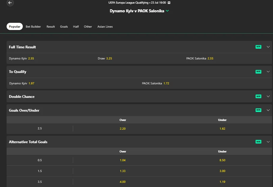 Wettangebot von bet365 für ein Europa League Spiel