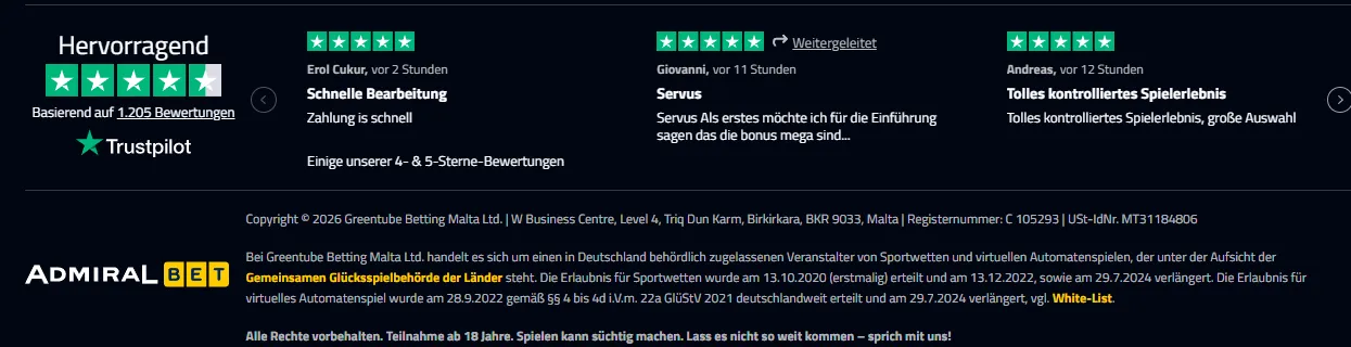 Im Footer von AdmiralBet sind alle wichtigen Lizenzinformationen zu finden.